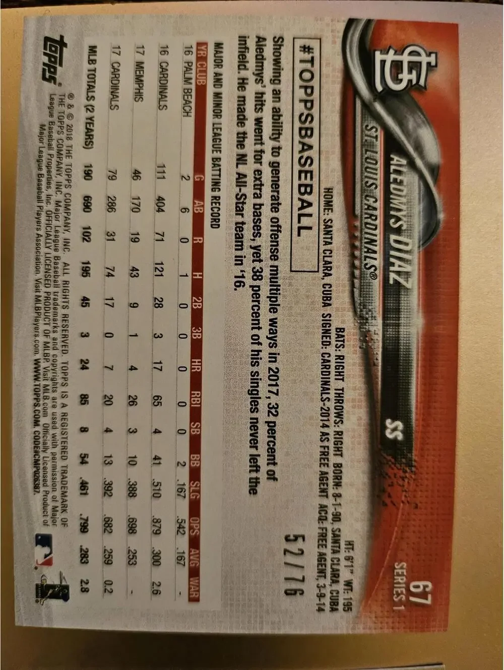 2018 Topps Independence Day Insert - Aledmys Diaz #67 - No. 52/76  - RAW Mint